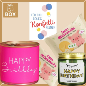 Gefüllte Geschenkbox zum Geburtstag – Geschenkset „Konfetti regnen“ (Set 6)