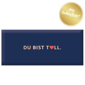 Schokolade 30g „Du bist toll“ (Motiv: blau mit rotem Herz)